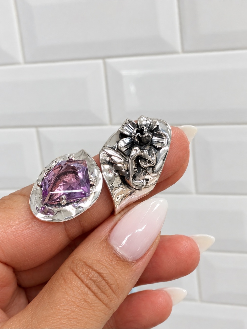 Sterling Silver Floral Ring with Amethyst Gemstone